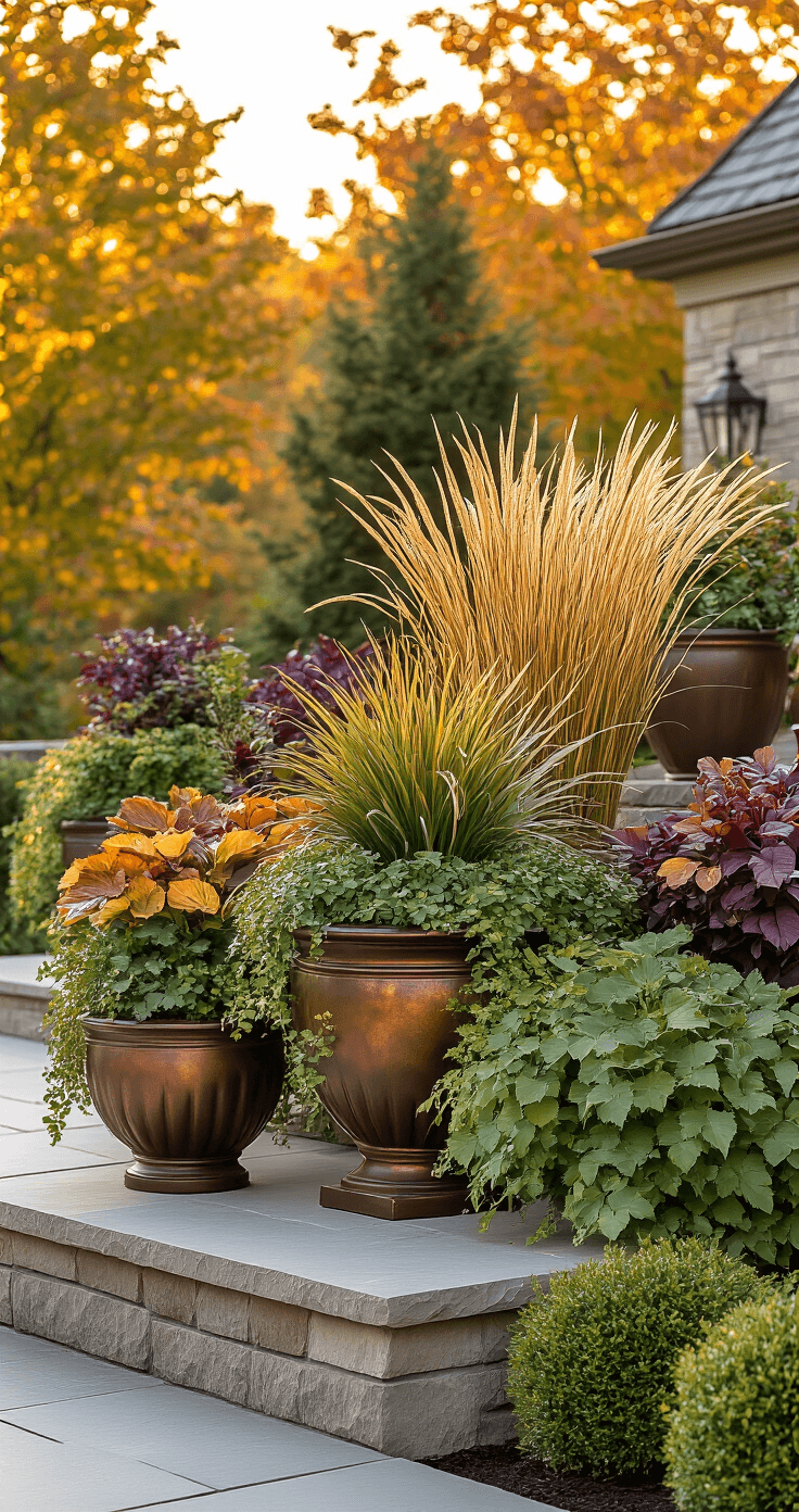 Fall Potted Plants: Your Ultimate Guide to Stunning Autumn Container Gardens A sophisticated landscape design showcases a layered fall container arrangement in large decorative urns on a stone terrace, featuring tall ornamental grasses and trailing plants, all illuminated by warm late afternoon light, with a harmonious blend of deep purples and warm golds in bronze and copper toned planters, creating a balanced yet dynamic composition from a slightly low angle.