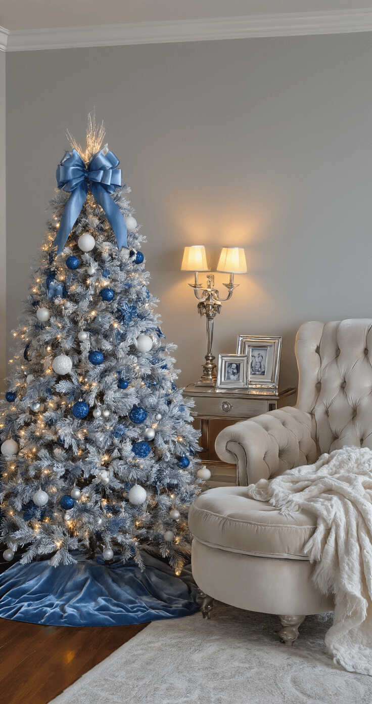 A sophisticated master bedroom featuring a 6ft powder blue flocked Christmas tree adorned with blue and white ornaments, crystal icicles, and a platinum ribbon, complemented by warm lamplight illuminating a tufted velvet armchair and a nightstand with silver picture frames, creating a serene and luxurious holiday atmosphere.