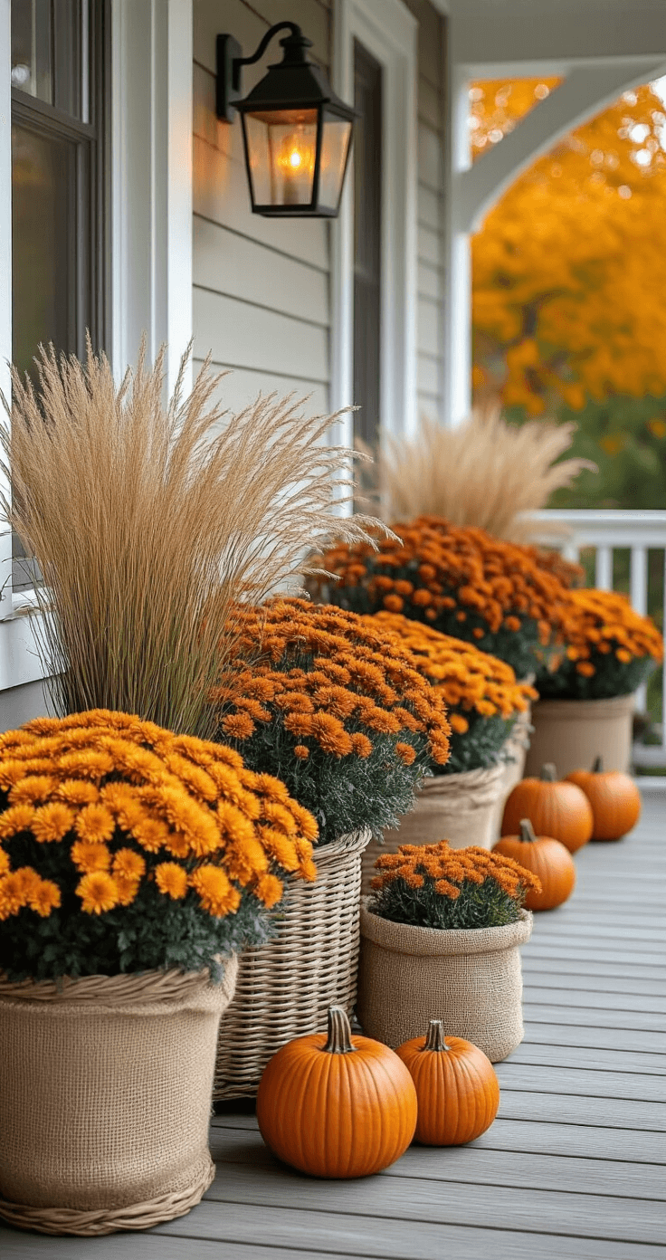 Fall Potted Plants: Your Ultimate Guide to Stunning Autumn Container Gardens Cozy autumn porch with wicker and burlap planters, flowering mums and ornamental grasses, mini pumpkins, and warm evening lighting, creating an inviting rustic farmhouse atmosphere.