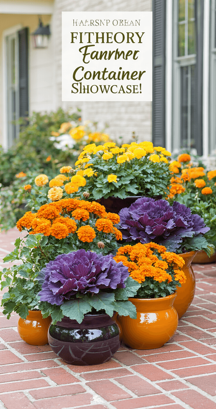 Fall Potted Plants: Your Ultimate Guide to Stunning Autumn Container Gardens A sophisticated fall container garden display on a brick patio, featuring deep purple ornamental cabbage and burnt orange marigolds in coordinated ceramic planters in autumn hues, arranged symmetrically with varied plant heights, under bright overcast lighting.