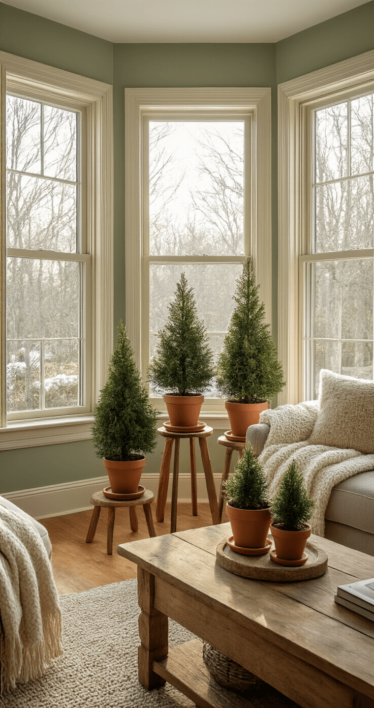 Creating a Stunning Winter Garden: Design Ideas for Indoor and Outdoor Spaces Cozy wintertime living room with bay windows, natural light, tiered plant stands with dwarf conifers, rustic pine coffee table, cream throw blankets, sage green walls, honey wood floors, and soft shadows.