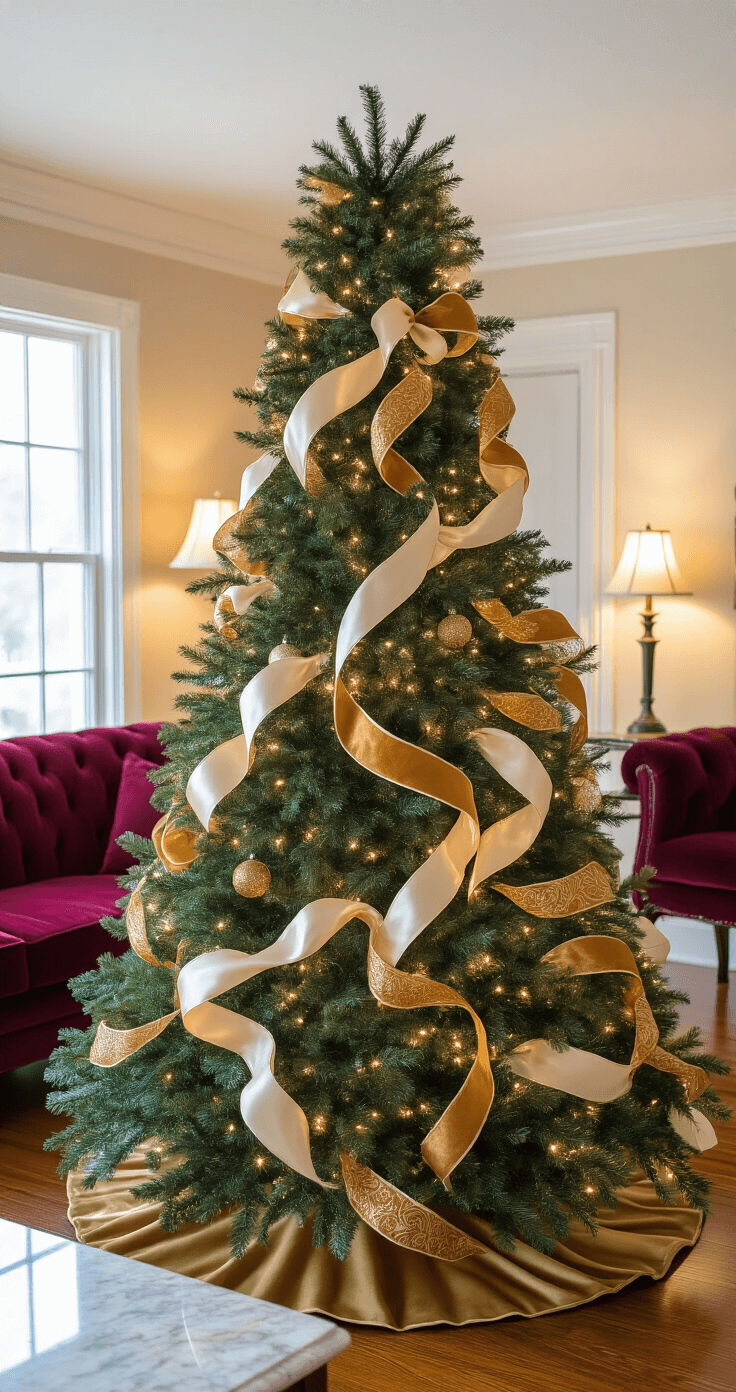 A beautifully decorated 8-foot Fraser fir Christmas tree in an elegant living room, adorned with cascading gold velvet and cream satin ribbons. Warm evening lighting creates a cozy atmosphere, highlighting traditional furniture, including a burgundy velvet sofa and marble coffee table, with crown molding and hardwood floors enhancing the sophisticated decor.