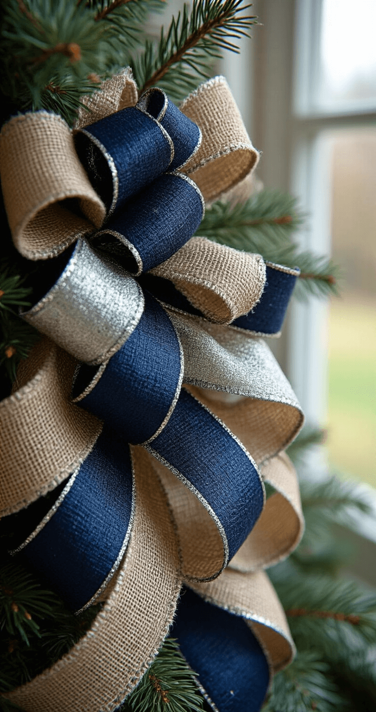 Close-up image of layered Christmas ribbon featuring a burlap base with navy blue and silver accents, highlighting the texture and structure of perfectly shaped loops and cascading drapes, set against softly blurred green pine needles.