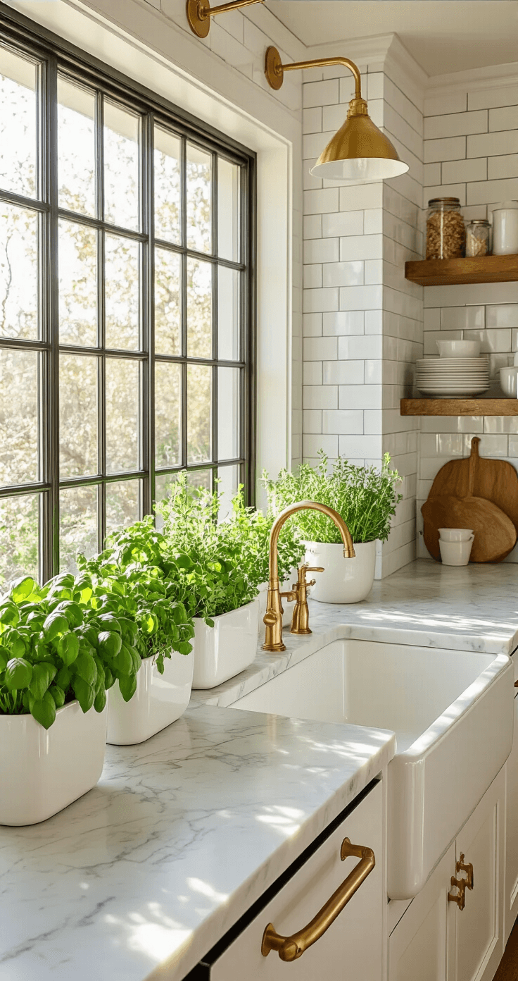 Creating a Stunning Winter Garden: Design Ideas for Indoor and Outdoor Spaces A bright kitchen interior bathed in morning light, showcasing a marble windowsill herb garden with basil, rosemary, and parsley in white ceramic pots, complemented by a subway tile backsplash, brass fixtures, and reclaimed wood shelving, all set against a minimalist design of white cabinetry with fresh green accents.