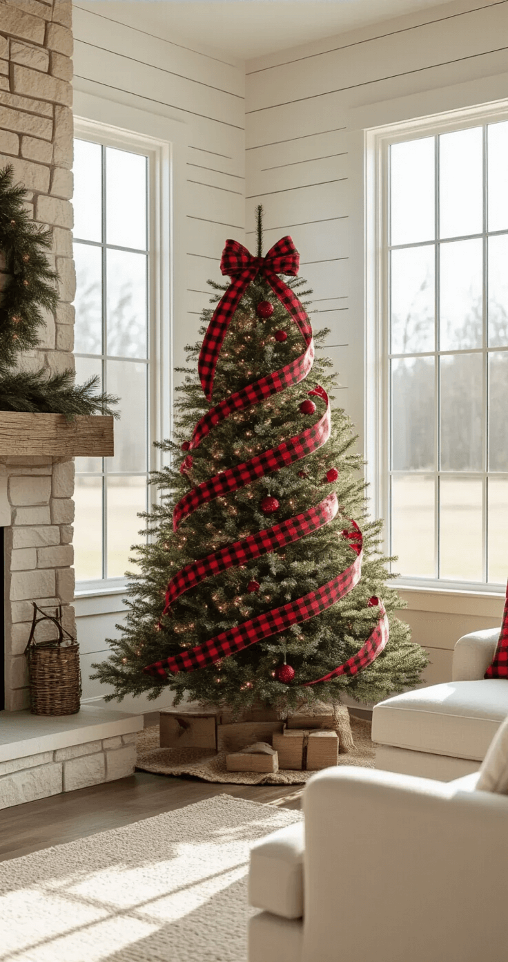 Elegant Christmas tree in a modern farmhouse living room, adorned with rustic burlap and red plaid ribbon, positioned beside a stone fireplace. Soft morning sunlight streams through large windows, illuminating white shiplap walls and a reclaimed wood mantle. The scene exudes a bright, airy atmosphere with a cream sectional sofa and natural textures.