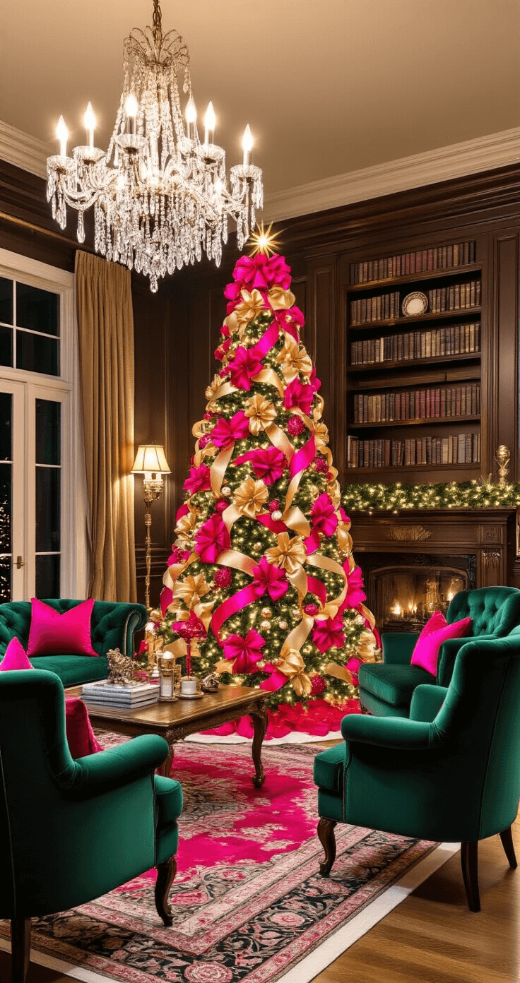 Luxurious holiday living room showcasing a grand 9-foot Christmas tree adorned with hot pink and gold ribbon loops, ambient lighting from a crystal chandelier, and warm LED tree lights, featuring tufted emerald velvet chairs and a Persian rug in a formal sitting room with high ceilings and decorative molding.