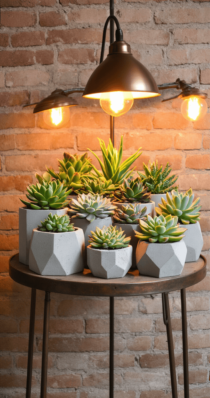 Creating a Stunning Winter Garden: Design Ideas for Indoor and Outdoor Spaces A cozy corner display of diverse succulents in geometric concrete planters sits atop a vintage metal plant stand, illuminated by warm artificial grow lights against an exposed brick wall, featuring an industrial-modern aesthetic with bronze accents, captured in soft focus for an intimate botanical ambiance.