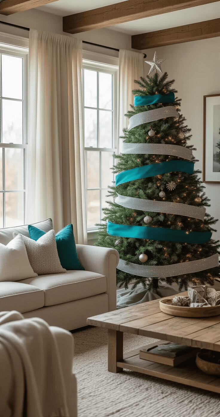 Cozy family room featuring a 6-foot Christmas tree decorated with wide teal, medium silver, and narrow sparkle ribbons, illuminated by soft afternoon light through gauze curtains, alongside a comfortable sectional and rustic coffee table, creating a warm and inviting holiday atmosphere.