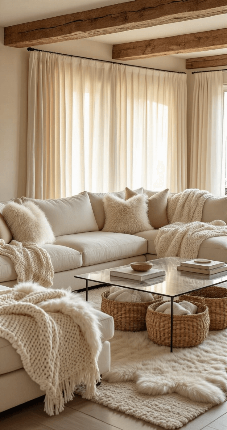 A warm and inviting living room with a cream sectional sofa adorned with chunky knit throws and faux fur pillows, bathed in golden hour light. The scene features a sheepskin rug under a glass coffee table, woven baskets filled with blankets, rough hewn wood beams overhead, and smooth marble side tables, creating a cozy and sophisticated atmosphere.