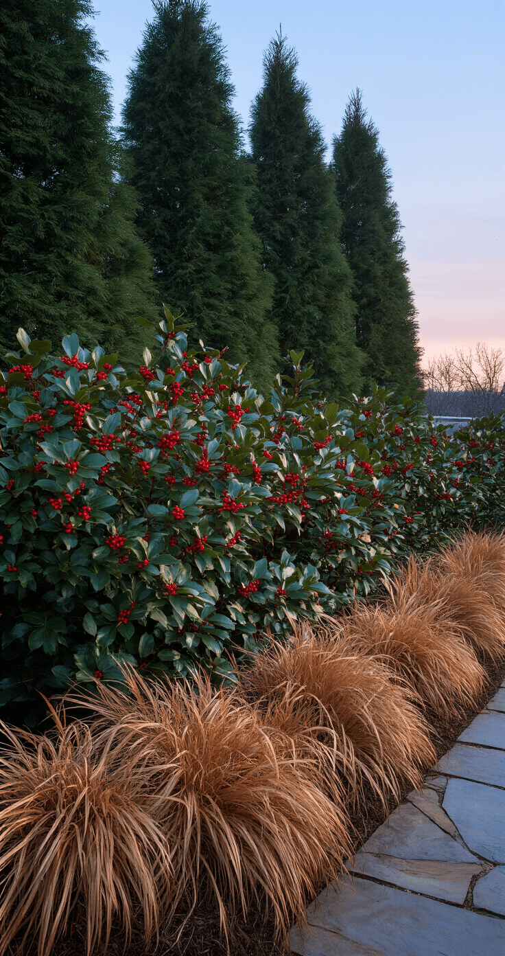 Creating a Stunning Winter Garden: Design Ideas for Indoor and Outdoor Spaces A serene outdoor winter garden at dusk featuring a layered landscape design with tall evergreens, medium winterberry holly shrubs adorned with bright red berries, and low ornamental bronze grasses in the foreground, complemented by natural stone pathways and soft twilight lighting that highlights the textures and architectural forms of the plants.