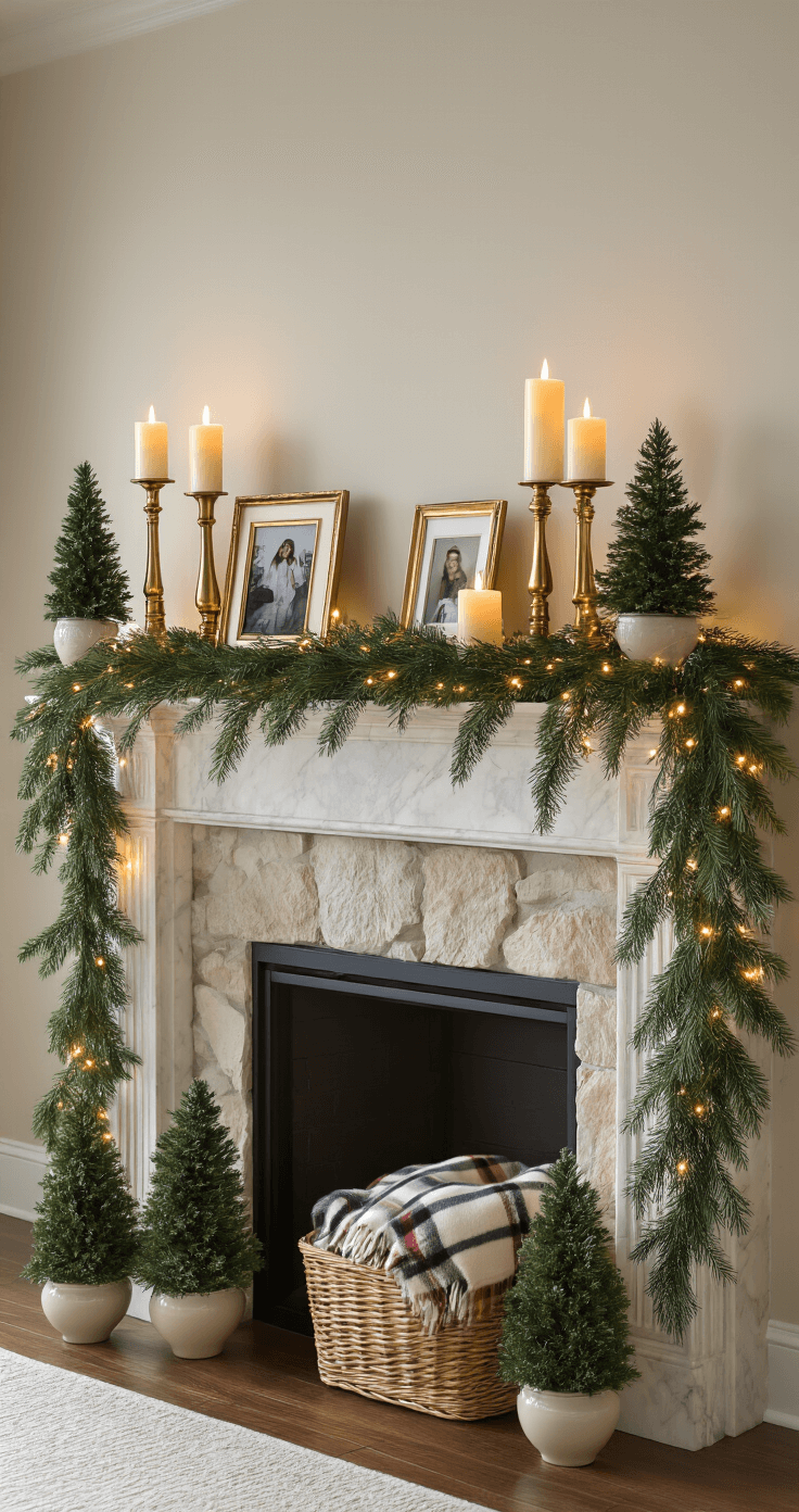 An elegant mantelpiece adorned with fresh cedar garland and brass candlesticks holding cream candles, complemented by evergreen topiaries in ceramic pots and family photos in gold frames, all illuminated by battery-operated string lights, creating a warm holiday atmosphere with a cozy stone hearth and a wicker basket of plaid blankets.
