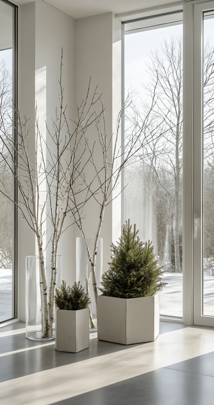 Creating a Stunning Winter Garden: Design Ideas for Indoor and Outdoor Spaces Bright sunroom interior with floor-to-ceiling windows, showcasing white birch branches in tall glass vases and structural evergreens in clean geometric planters, all set against polished concrete floors and a neutral palette of whites and grays, illuminated by crisp natural lighting.