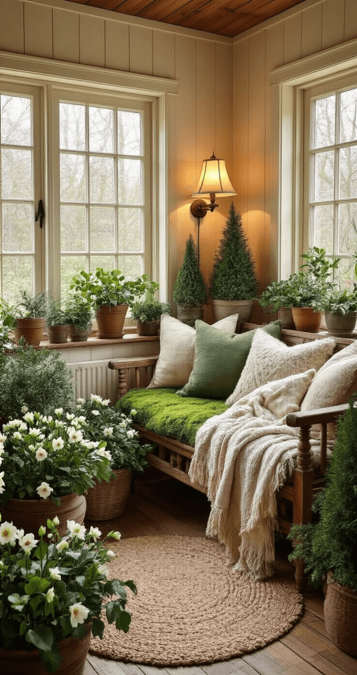Creating a Stunning Winter Garden: Design Ideas for Indoor and Outdoor Spaces Cozy indoor garden nook featuring vintage wooden furniture, mixed potted plants like hellebores and small conifers, soft mossy textures, and warm lamp lighting in a cream and forest green color scheme, evoking a romantic woodland theme.