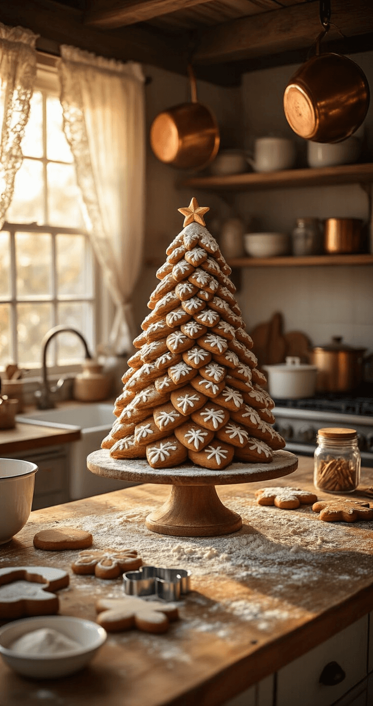 Creating the Perfect Gingerbread Christmas Tree: From Edible Masterpieces to Festive Decor Professional photo of a rustic farmhouse kitchen at golden hour, featuring a 3D edible gingerbread Christmas tree on a wooden pedestal, warm sunlight streaming through lace curtains, with vintage butcher block counters dusted in flour, surrounded by cookie cutters and mixing bowls, copper pots hanging from beams, and mason jars filled with cinnamon sticks, creating a cozy holiday baking atmosphere.