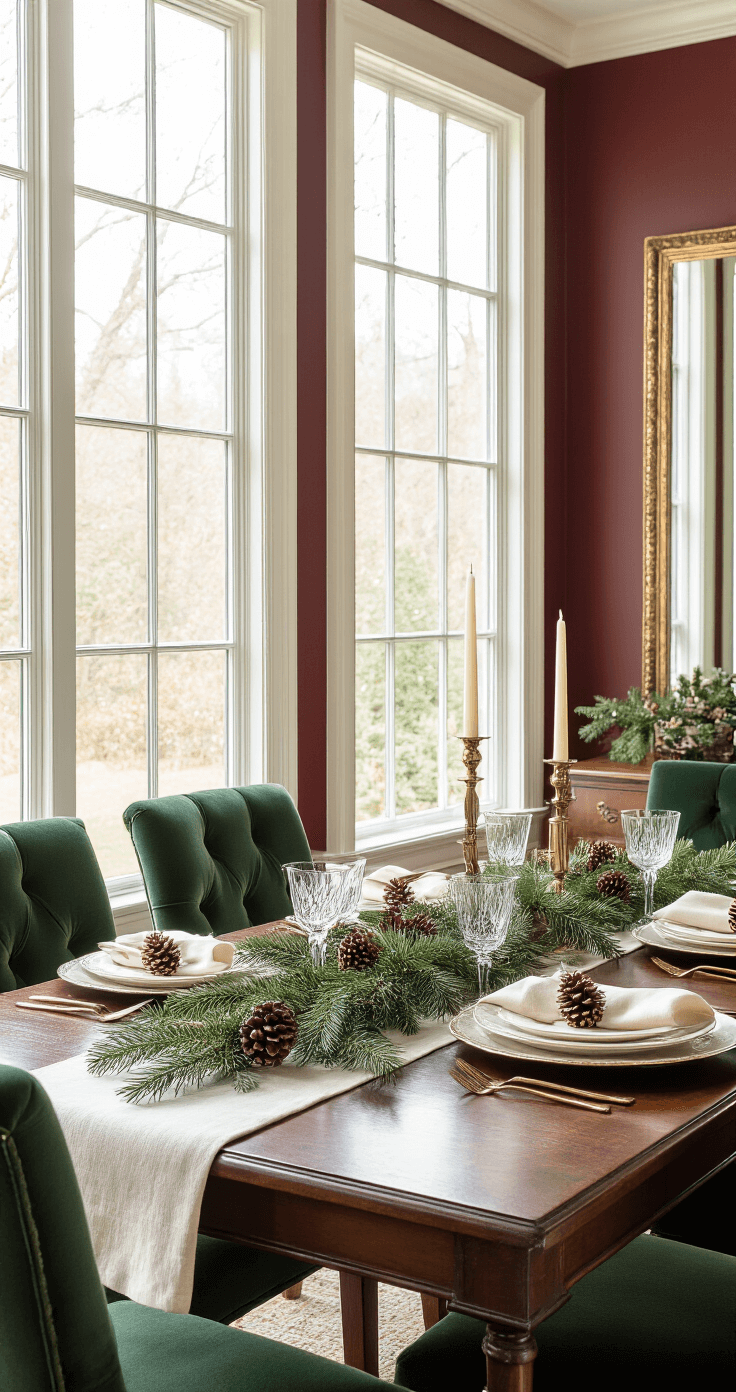 A sophisticated dining room vignette featuring a mahogany table adorned with evergreen runners and layered chargers. Deep green velvet upholstered chairs surround the table, complemented by cream linen napkins. Bronze metallic accents, crystal stemware, and brass candelabras with taper candles create an elegant atmosphere. Tall windows allow warm afternoon light to fill the room, while a large mirror reflects the soft illumination. The rich burgundy and forest green color palette enhances the festive sophistication of the scene.