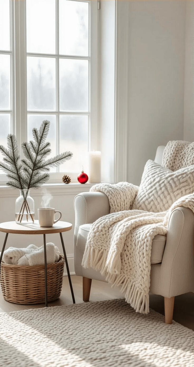 Cozy reading nook with a linen armchair, cable knit throw, steaming mug on a round side table, and a wicker basket of blankets, accented by pine branches and a red ornament, bathed in soft morning light through a frosted window.