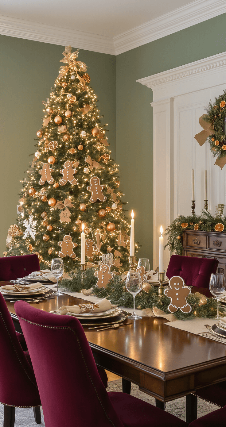 Creating the Perfect Gingerbread Christmas Tree: From Edible Masterpieces to Festive Decor Elegant dining room with a grand Fraser fir Christmas tree, adorned with gingerbread ornaments and cream felt decorations, illuminated by soft LED spotlights. A mahogany dining table reflects twinkling fairy lights, surrounded by burgundy velvet chairs, set against warm sage green walls with antique white crown molding. Burlap ribbon garland and dried orange slices accent the decor, capturing a sophisticated holiday elegance.