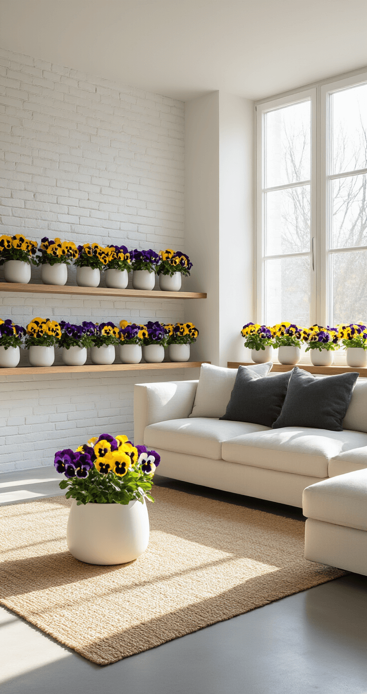 Winter Wonderland: Stunning Flowers That Bloom in the Cold A sunlit living room featuring a cream sectional sofa, floating walnut shelves with white and sage green planters of vibrant pansies, an exposed white brick accent wall, and polished concrete floors, creating a serene winter atmosphere.