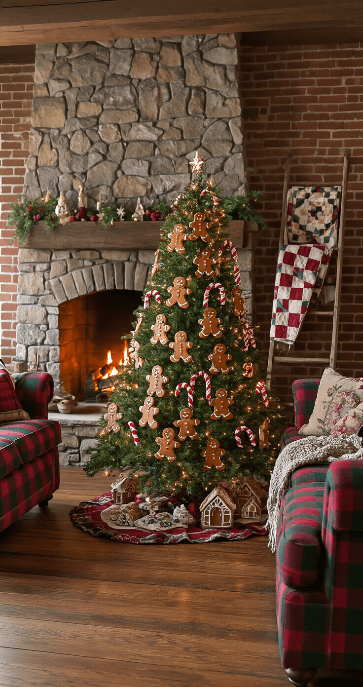 Creating the Perfect Gingerbread Christmas Tree: From Edible Masterpieces to Festive Decor Cozy family living room with a crackling stone fireplace, medium Christmas tree decorated with gingerbread ornaments and candy canes, overstuffed plaid sofas, and an exposed brick accent wall, all illuminated by warm tungsten lighting.
