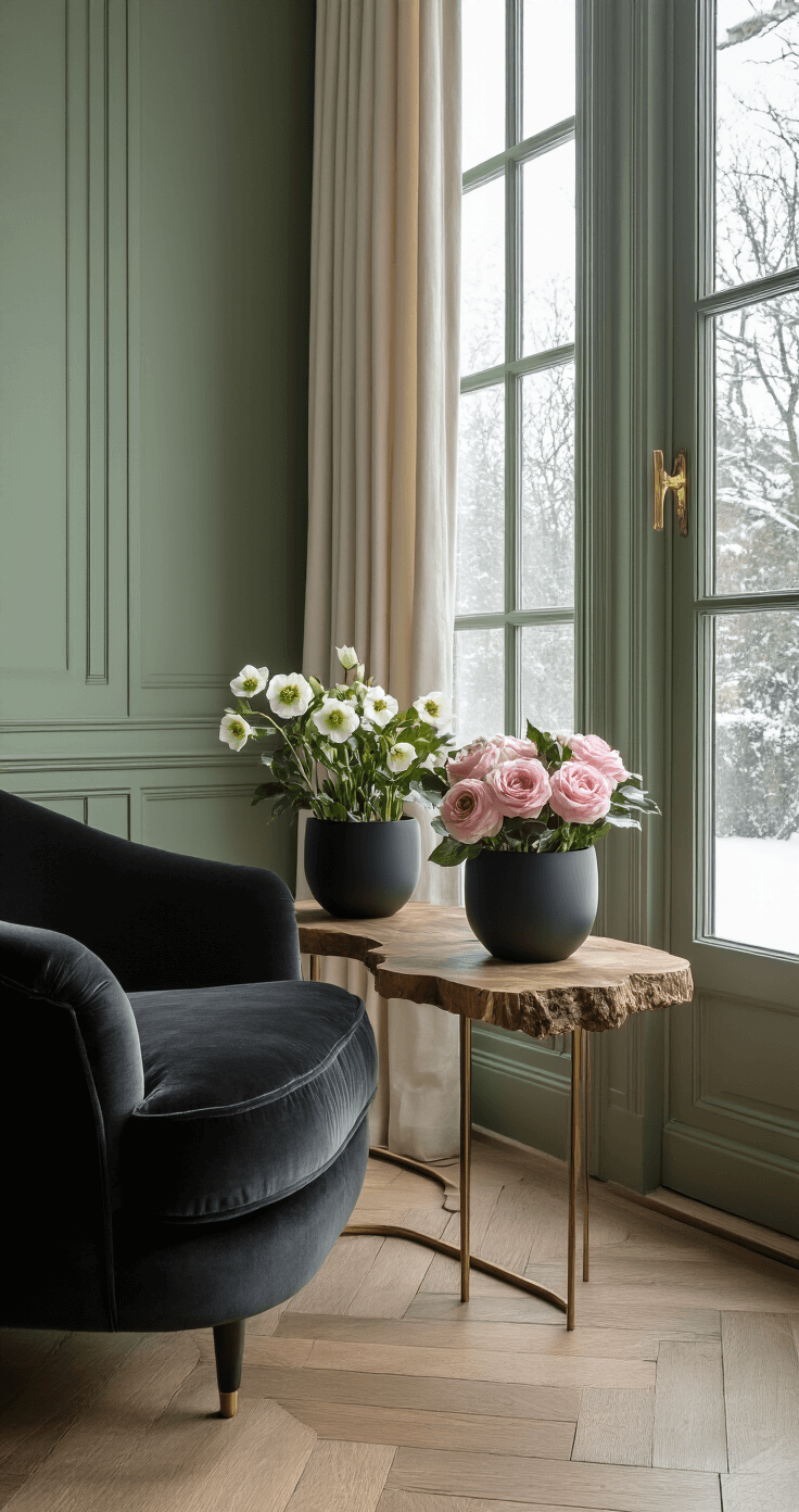 Winter Wonderland: Stunning Flowers That Bloom in the Cold Elegant corner of a sophisticated living room showcasing delicate hellebores and Christmas roses, with a charcoal velvet armchair near tall windows revealing snow outside, sage green walls, cream curtains, and herringbone oak flooring, all illuminated by moody winter afternoon light.