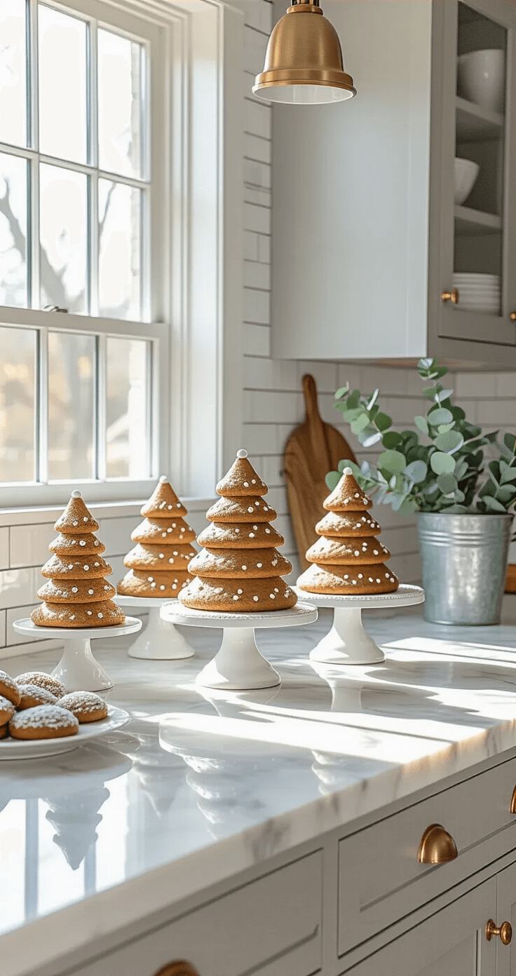 Creating the Perfect Gingerbread Christmas Tree: From Edible Masterpieces to Festive Decor A bright modern farmhouse kitchen featuring a marble waterfall island adorned with edible gingerbread trees on white ceramic cake stands, surrounded by soft gray shaker cabinets, brass hardware, and fresh eucalyptus in galvanized buckets. The space is illuminated by oversized windows, creating a clean and elegant atmosphere.
