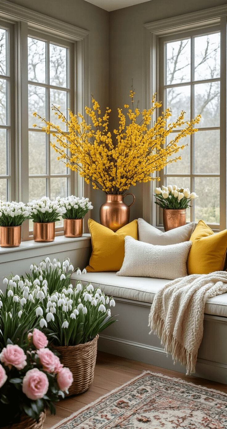 Winter Wonderland: Stunning Flowers That Bloom in the Cold Cozy reading nook with a built-in window seat adorned with cream cushions and layered throws, featuring arrangements of yellow winter jasmine, white snowdrops, and pink camellias. The warm gray walls and natural wood trim complement a vintage Persian rug, all bathed in soft afternoon light, creating a peaceful atmosphere.