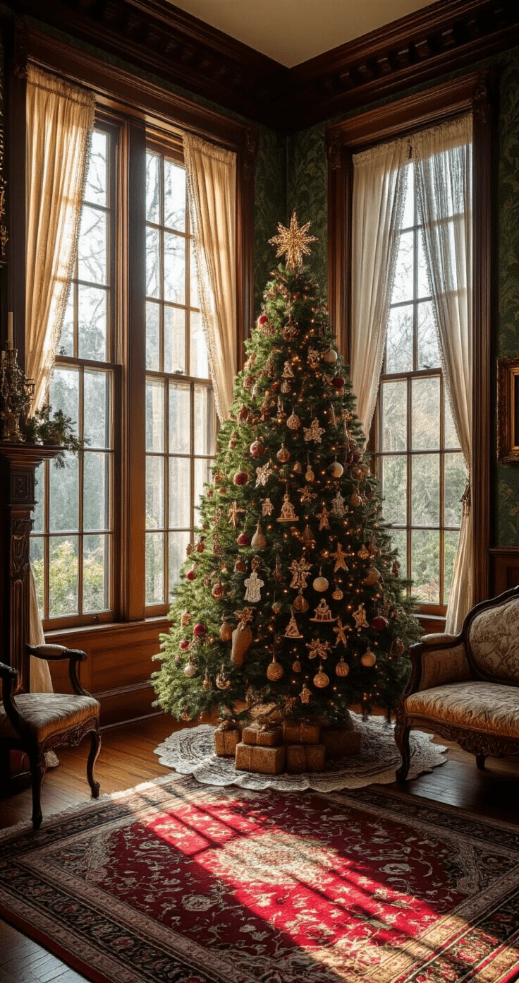 Creating the Perfect Gingerbread Christmas Tree: From Edible Masterpieces to Festive Decor Victorian parlor adorned for the holidays, featuring tall multipaned windows filtering golden sunlight onto Persian rugs, a grand Christmas tree decorated with vintage gingerbread-themed ornaments, and elegant mahogany details, evoking opulent nostalgia and sophisticated seasonal charm.