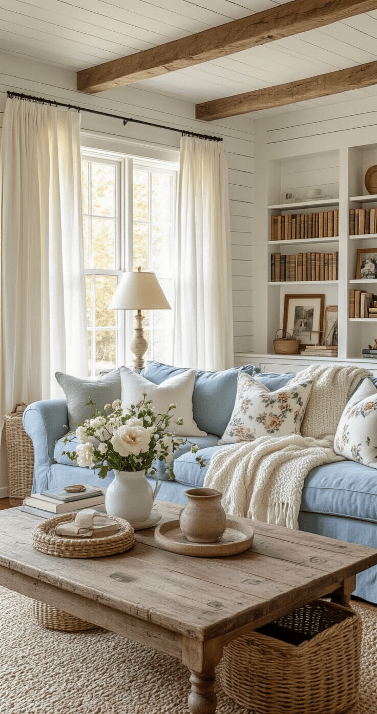 A cozy cottage living room bathed in golden hour light, featuring a weathered blue sofa with cream throws and floral pillows, a vintage coffee table with stains, shiplap walls, built-in shelves filled with books and family photos, exposed beams, and soft fabric lampshades.