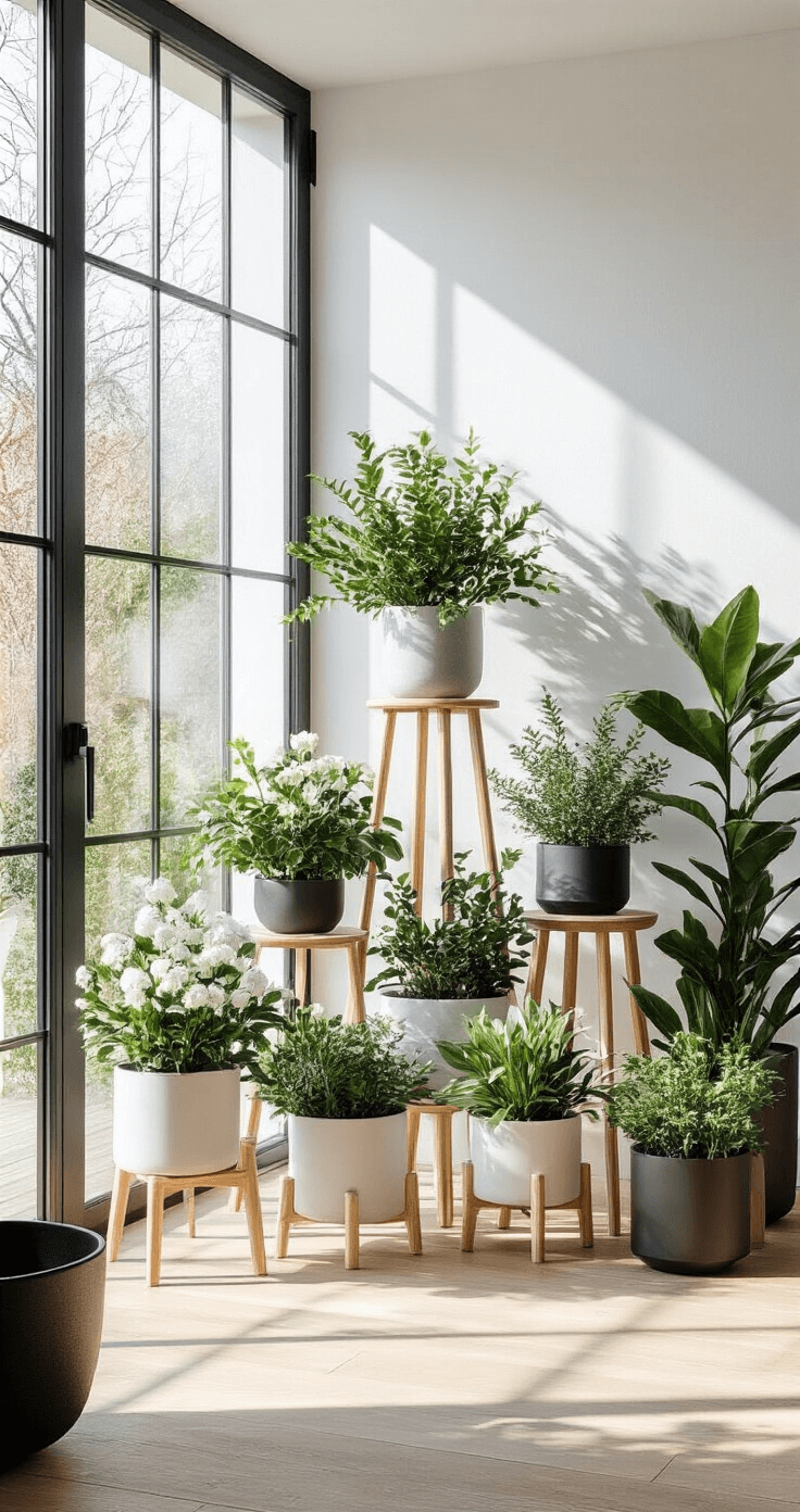 Winter Wonderland: Stunning Flowers That Bloom in the Cold A bright indoor garden design seen through floor-to-ceiling windows, featuring a mix of layered plant stands with winter bloomers and evergreen arrangements. The space is styled with Scandinavian furniture, light oak floors, and black metal accents, while geometric planters of various sizes create a structured display. Morning light casts long shadows, enhancing the contemporary feel of the setting.