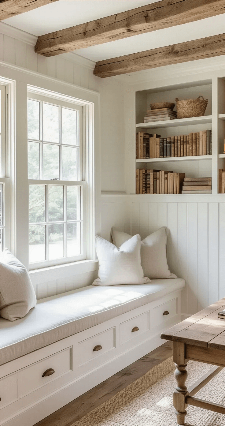 Interior shot of a cottage foundation with white beadboard wainscoting, faux ceiling beams, and a built-in window seat with cream cushions, illuminated by morning light. The space features overflowing bookshelves, pale lavender and weathered blue accents, vintage wooden furniture, and layers of natural materials, conveying a mood of sun-bleached serenity and collected charm.
