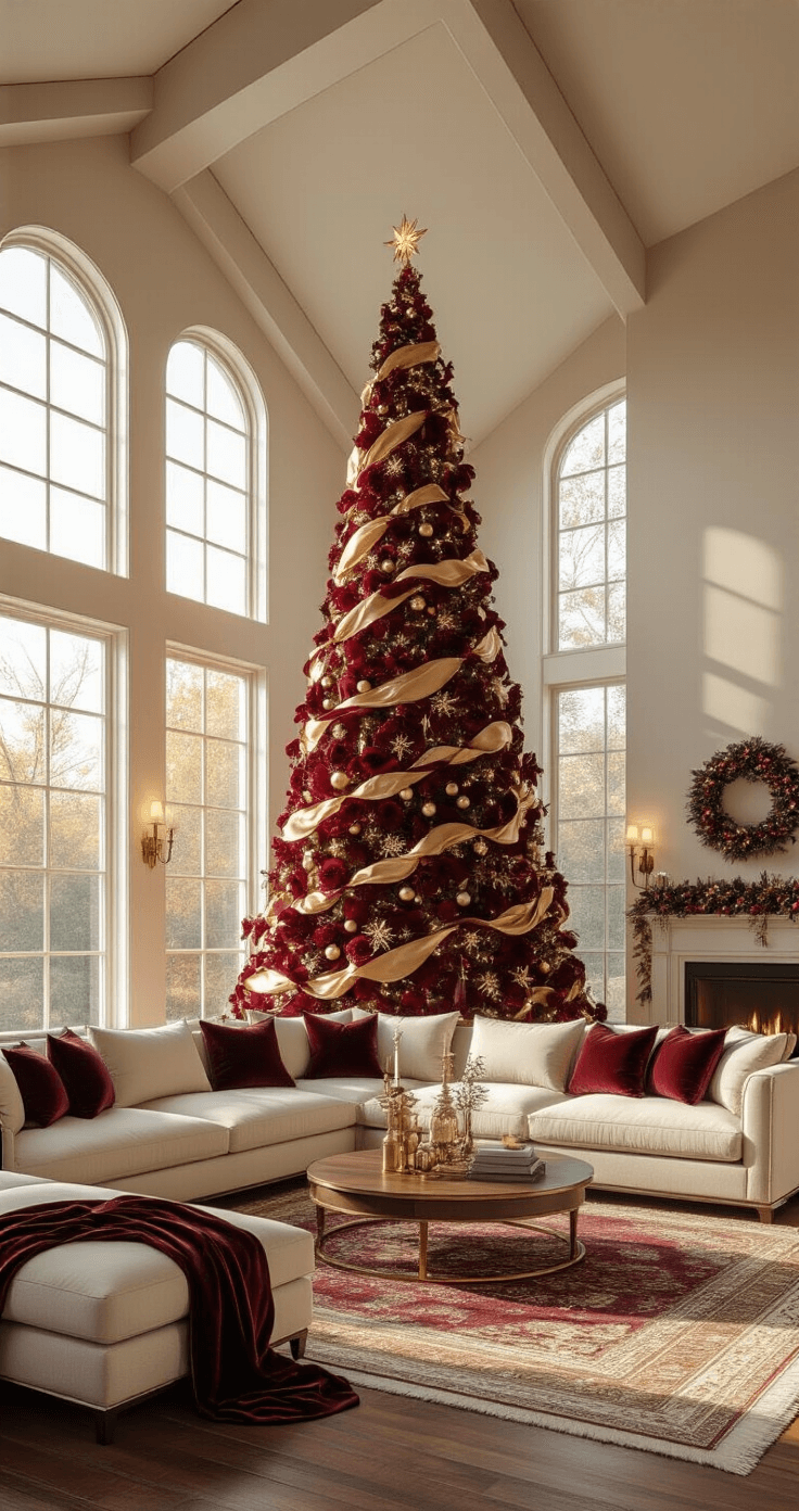 Transform Your Christmas Tree Into a Designer Masterpiece with Ribbon Photorealistic living room with vaulted ceiling, featuring an 8-foot Christmas tree adorned with burgundy velvet and gold metallic ribbons, warm golden hour light flooding the space, elegant cream sectional sofa, mahogany coffee table with brass accents, rich textures and a luxurious holiday ambiance.