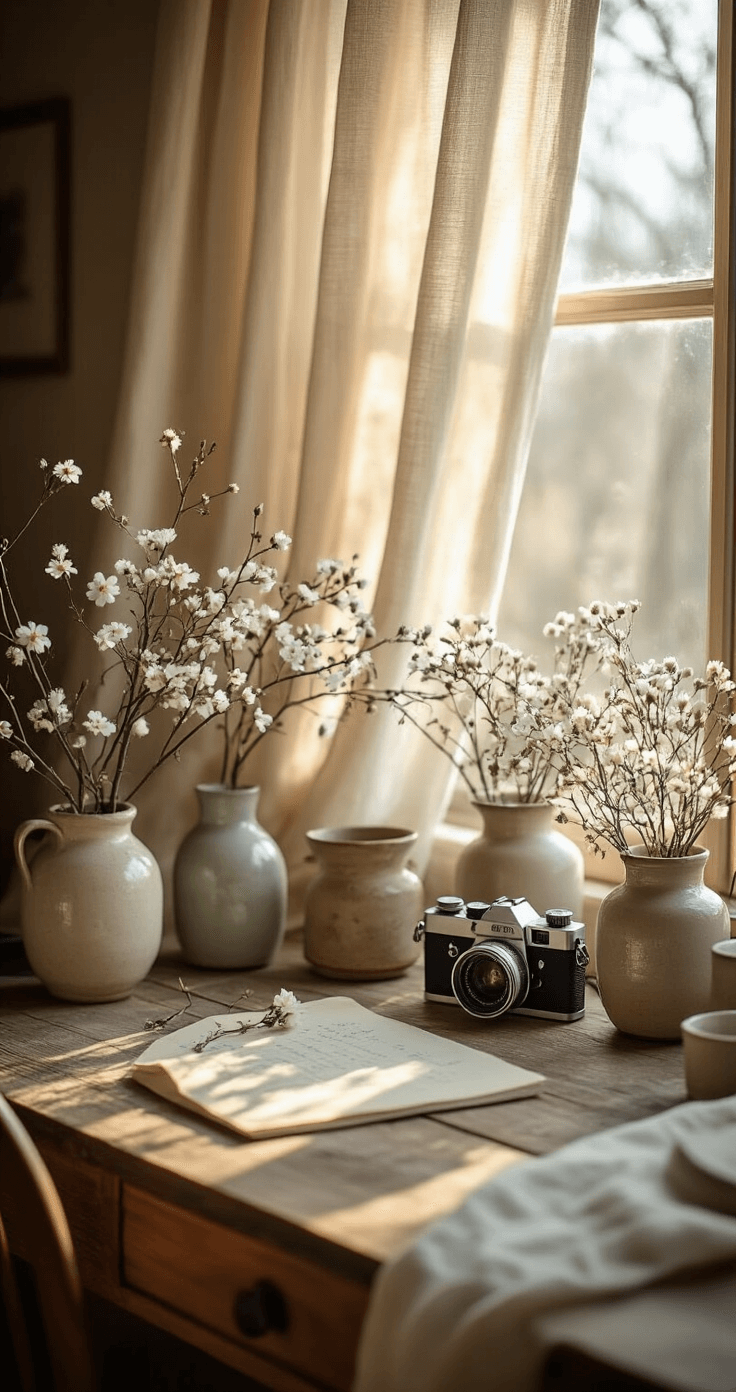 Winter Wonderland: Stunning Flowers That Bloom in the Cold A cozy home office corner styled for winter flower photography, featuring a rustic wooden desk adorned with vintage camera equipment, soft linen curtains, and small ceramic pots of delicate blooms, all bathed in warm late afternoon light.