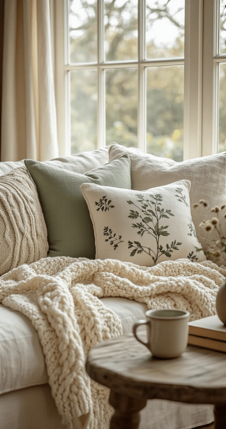 Close-up of a cozy cottage sofa featuring cream linen, a chunky knit throw, small botanical print pillow, solid sage anchor pillow, and vintage-inspired patterned cushion, with soft afternoon light highlighting the textures and a weathered wooden side table holding a ceramic mug and a well-worn novel.