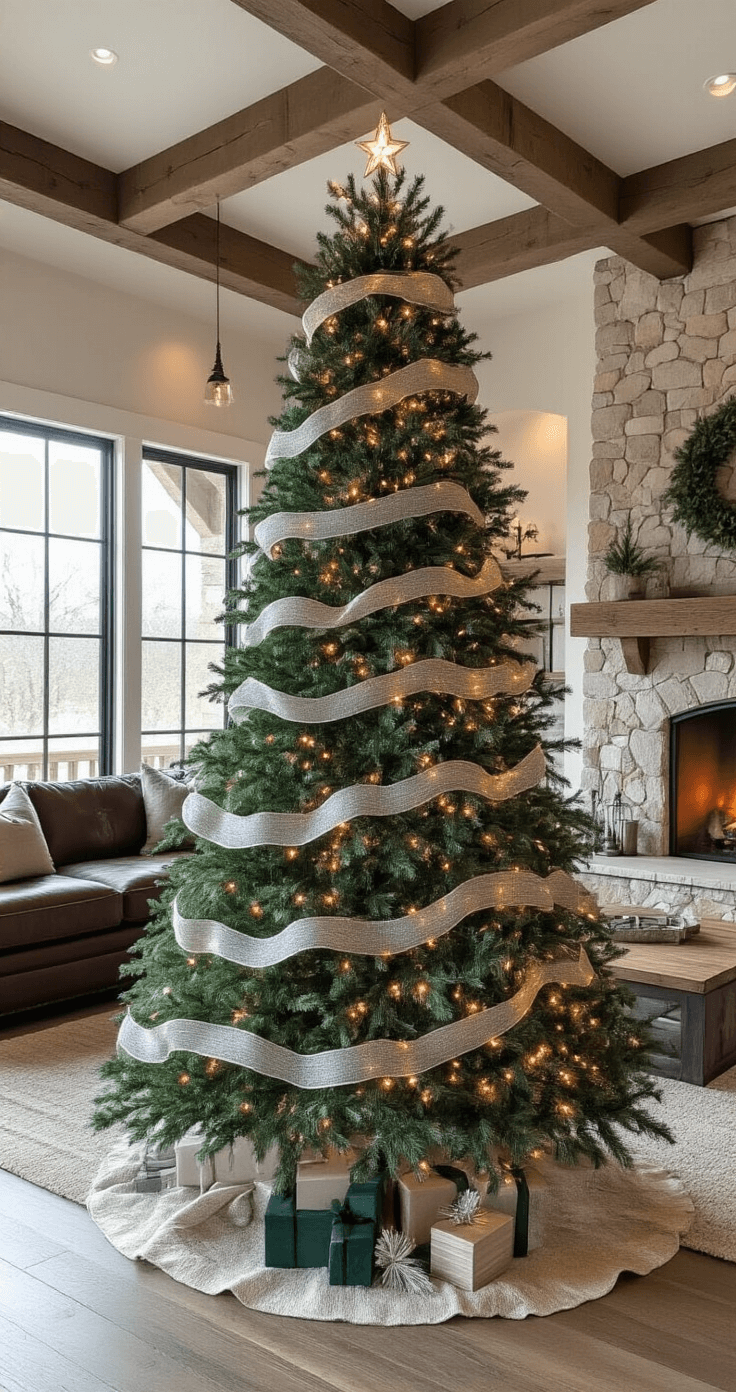 Transform Your Christmas Tree Into a Designer Masterpiece with Ribbon A beautifully decorated 7-foot Christmas tree in a spacious great room, featuring layered emerald velvet and silver metallic ribbons, illuminated by warm LED lights, with a modern farmhouse aesthetic including a distressed leather sectional and reclaimed wood coffee table, all under soft pendant lighting and a glowing stone fireplace.