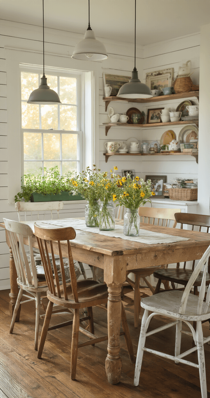 A cozy cottage dining area bathed in warm golden hour light, featuring a rustic farmhouse table with character marks, mismatched vintage chairs, and modern pendant lights. A mason jar filled with fresh wildflowers serves as the centerpiece, while a windowsill herb garden adds a touch of greenery. The white shiplap accent wall and open shelving display vintage teacups, family photos, and well-loved books, all set within a soft blue and cream color palette, evoking a sense of authentic, lived-in charm.