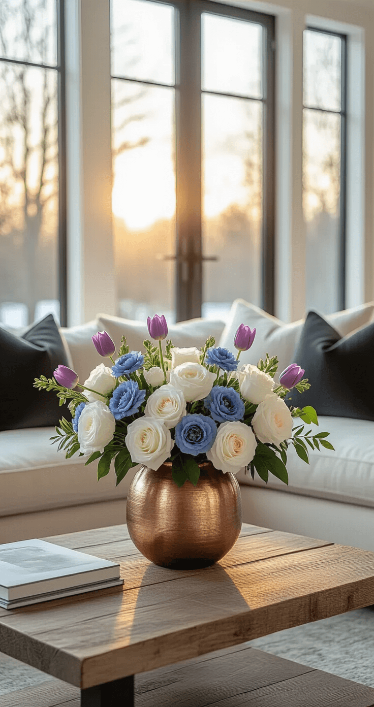 Spacious living room bathed in golden hour light, featuring a dramatic winter floral centerpiece on a reclaimed wood coffee table with white garden roses, icy blue ranunculus, and lavender tulips in a brushed copper vase; soft shadows on cream linen sofa and charcoal wool throw pillows.