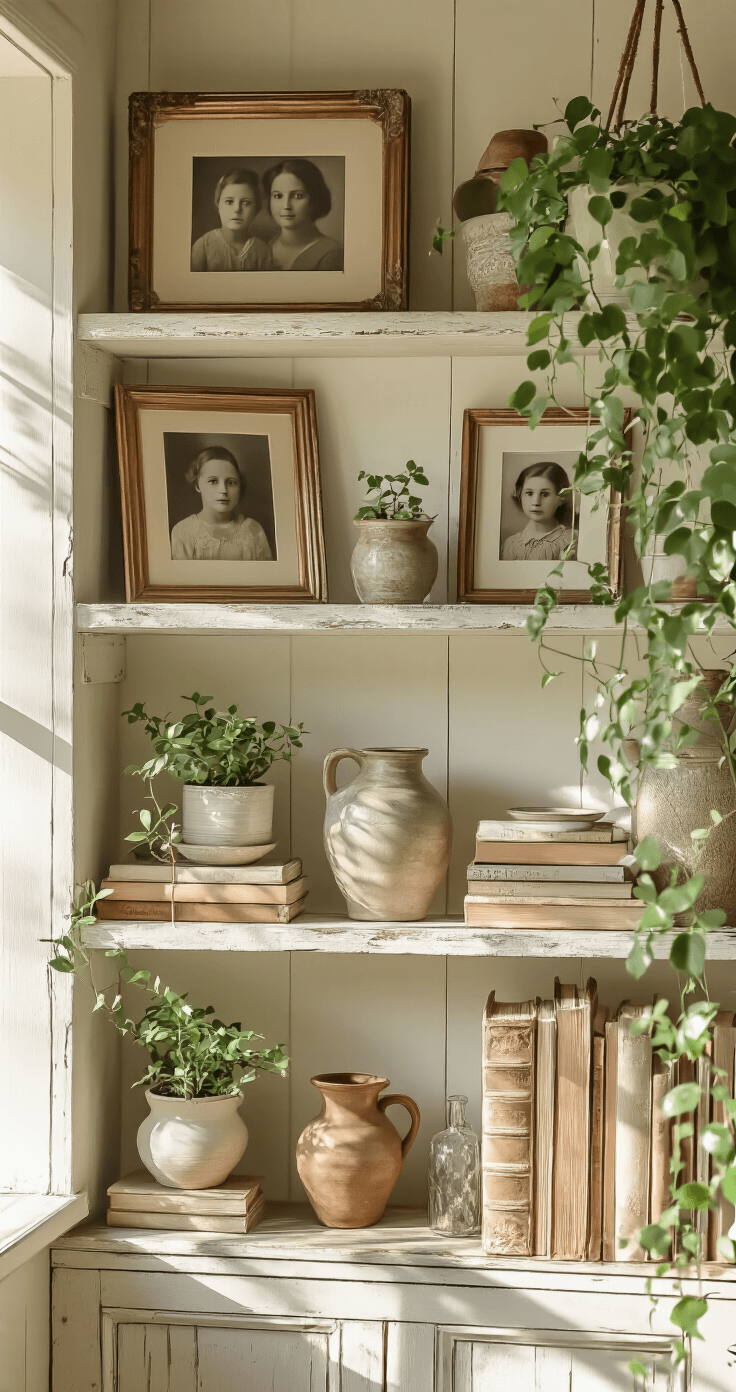 Intimate macro shot of a cottage vignette featuring weathered wood shelves filled with vintage frames of family photos, books arranged both vertically and horizontally, small potted plants, and ceramic vessels as vases, all bathed in soft morning light with trailing plants creating organic lines and gentle shadows.
