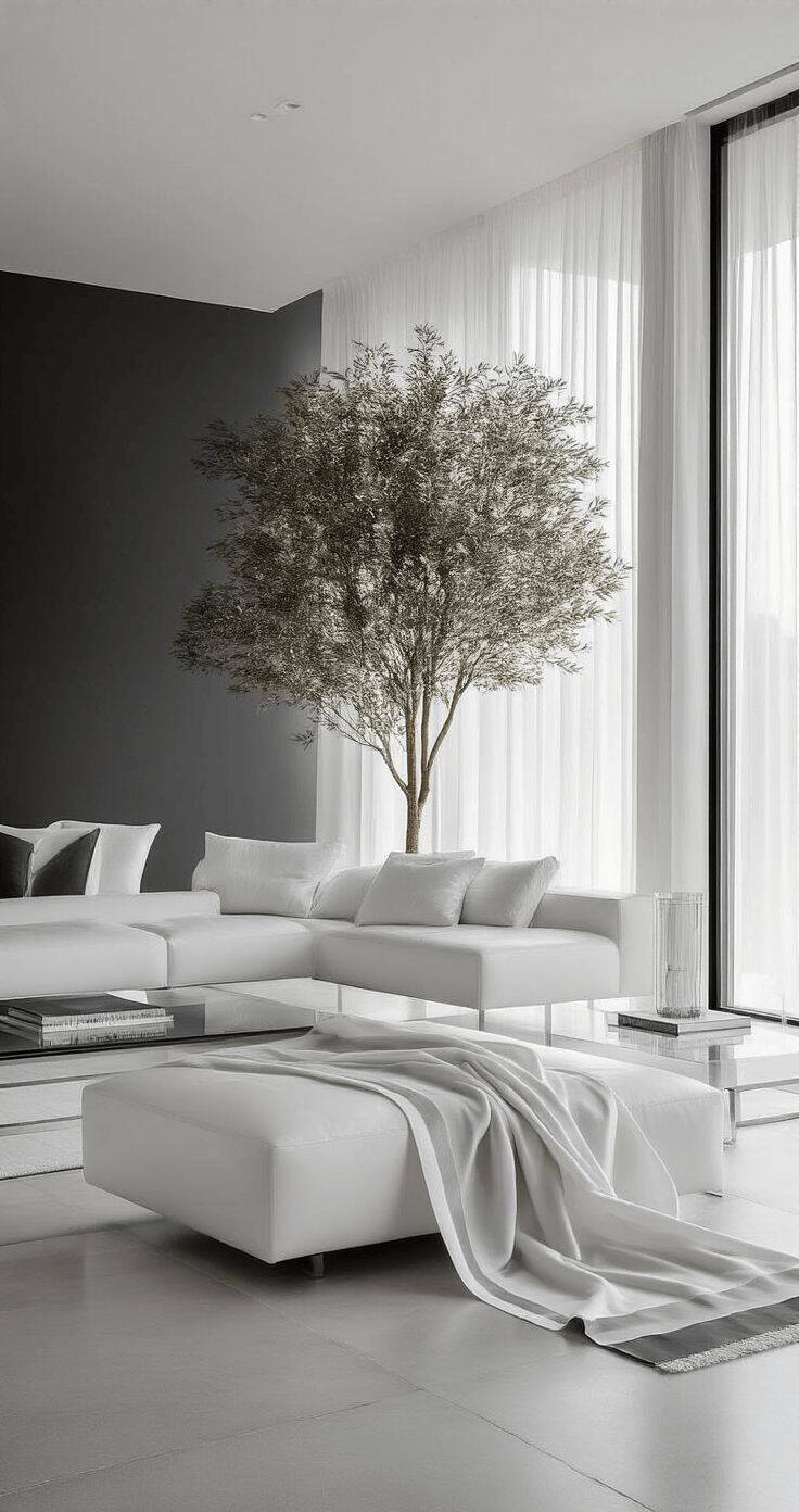 Transform Your Christmas Tree Into a Designer Masterpiece with Ribbon A modern minimalist living space adorned with a sleek noble fir tree decorated in white and silver ribbons, featuring floor-to-ceiling windows that let in bright morning light, contemporary furnishings in a monochromatic palette, and a warm, serene atmosphere.