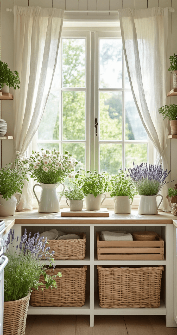 A cozy cottage room filled with natural elements, featuring bright light filtering through linen curtains, fresh flowers in vintage pitchers, potted herbs on the windowsill, and dried lavender bundles. The decor includes white wood paneling, a cream and soft blue color palette, wicker baskets for storage, and wooden crates for organization, creating a fresh indoor-outdoor sanctuary ambiance.