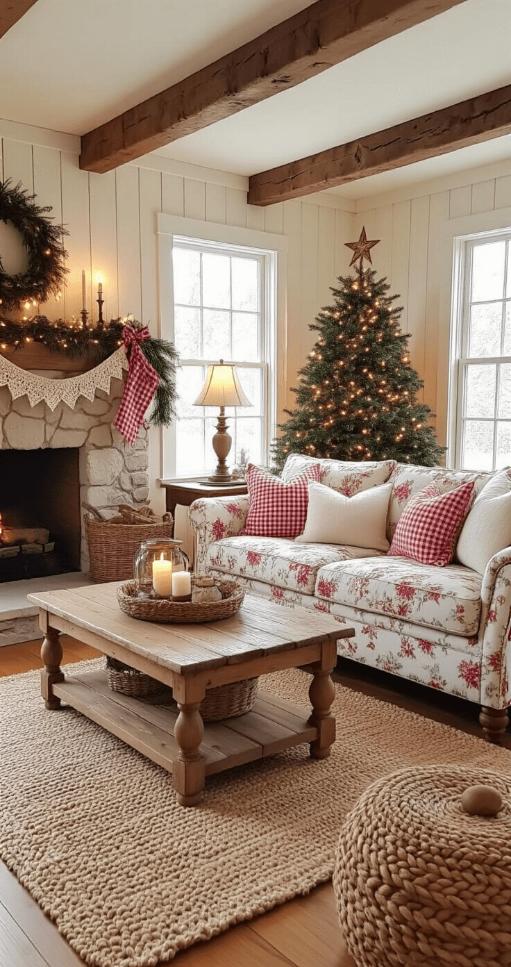Transform Your Christmas Tree Into a Designer Masterpiece with Ribbon Cozy cottage living room with low ceilings and rustic beams, featuring a 6-foot Douglas fir tree decorated with red and white gingham, burlap, and lace ribbons; soft lamplight and twinkling lights create a warm glow. Vintage floral chintz sofa and pine coffee table, alongside braided wool rugs, enhance the nostalgic holiday atmosphere.