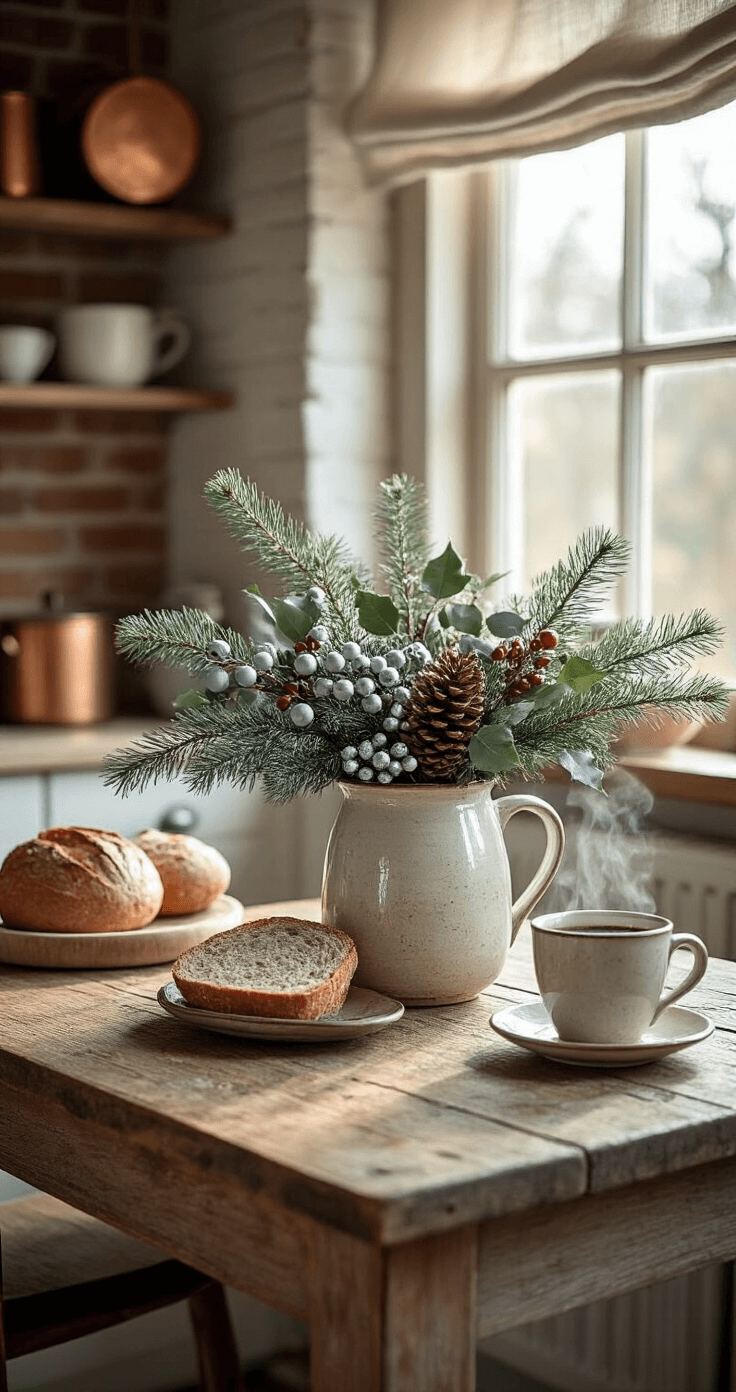 Cozy kitchen nook in morning light featuring a DIY winter arrangement in a repurposed ceramic mug on a weathered pine table, surrounded by silver brunia berries, eucalyptus greenery, and holly. Rustic farmhouse decor includes an exposed brick wall, vintage copper pots, and linen curtains, with an intimate breakfast scene of artisanal bread and a steaming coffee cup nearby.