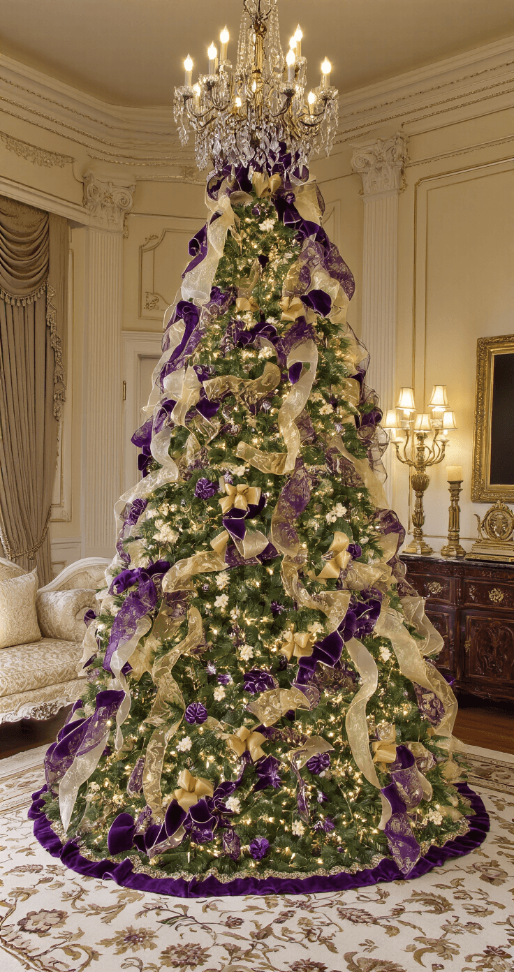 Transform Your Christmas Tree Into a Designer Masterpiece with Ribbon A grand formal living room adorned with ornate crown molding and a crystal chandelier, featuring a majestic 9-foot Fraser fir decorated with luxurious deep purple velvet, gold brocade, and shimmering organza ribbons. The room is illuminated by warm chandelier lighting, highlighting elegant period furniture, including a silk damask sofa and a mahogany console, set against an intricate Oriental carpet. The regal color palette of royal purple, antique gold, ivory cream, and mahogany brown enhances the luxurious holiday ambiance.