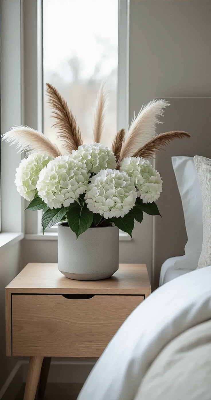 A modern bedroom corner with a concrete planter of winter florals, including hydrangeas and feather-like branches, on a sleek nightstand. The soft diffused light enhances the crisp white bedding and natural wood furniture, highlighting the minimalist aesthetic with neutral tones and metallic accents, captured in a low-angle shot.
