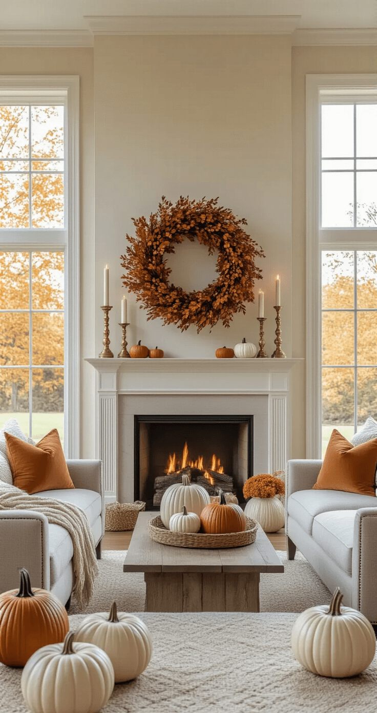 Transform Your Fireplace Into a Fall Focal Point That Actually Feels Cozy (Not Cluttered) Elegant living room with a fireplace mantel adorned with a large autumn wreath, brass candlesticks, and cream ceramic pumpkins, illuminated by warm golden light from tall windows. The space features a warm neutral palette, weathered wood elements, layered textures, and a cozy, sophisticated atmosphere.
