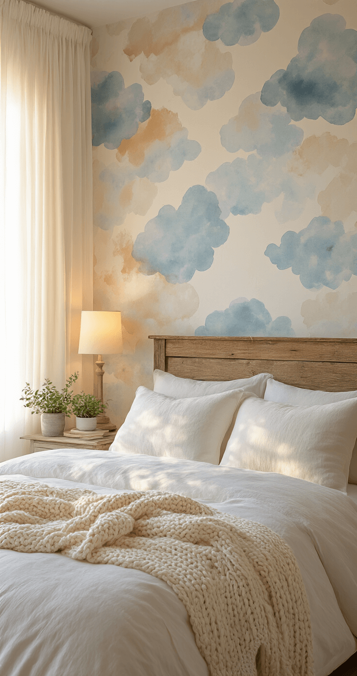 Photorealistic bedroom interior at golden hour, featuring natural light through sheer curtains, textured wallpaper with soft watercolor cloud patterns, rustic wood headboard, layered white linens, cream cable-knit throw, small potted plants on a weathered nightstand, and warm LED lamps creating an ambient glow.