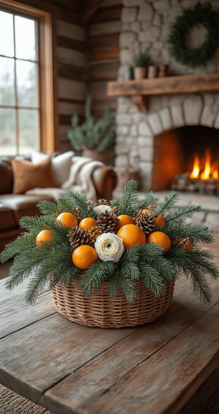 Cozy rustic living space featuring a woven basket centerpiece with foraged winter arrangement of evergreen sprigs, citrus fruits, and ranunculus on a distressed wood mantel, complemented by a stone fireplace casting a warm glow in twilight, layered with wool throws, leather furniture, and natural fiber rugs.