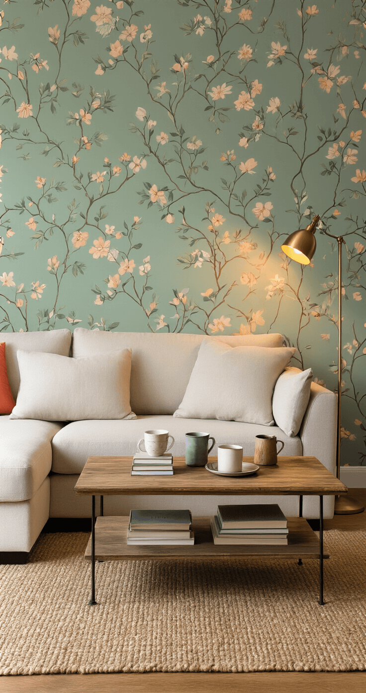 Cozy living room corner with whimsical botanical wallpaper in sage green and peach tones behind a linen sectional sofa, featuring a natural wood coffee table with stacked books, ceramic mugs, and a jute area rug on hardwood floors, illuminated by string lights and a brass floor lamp.