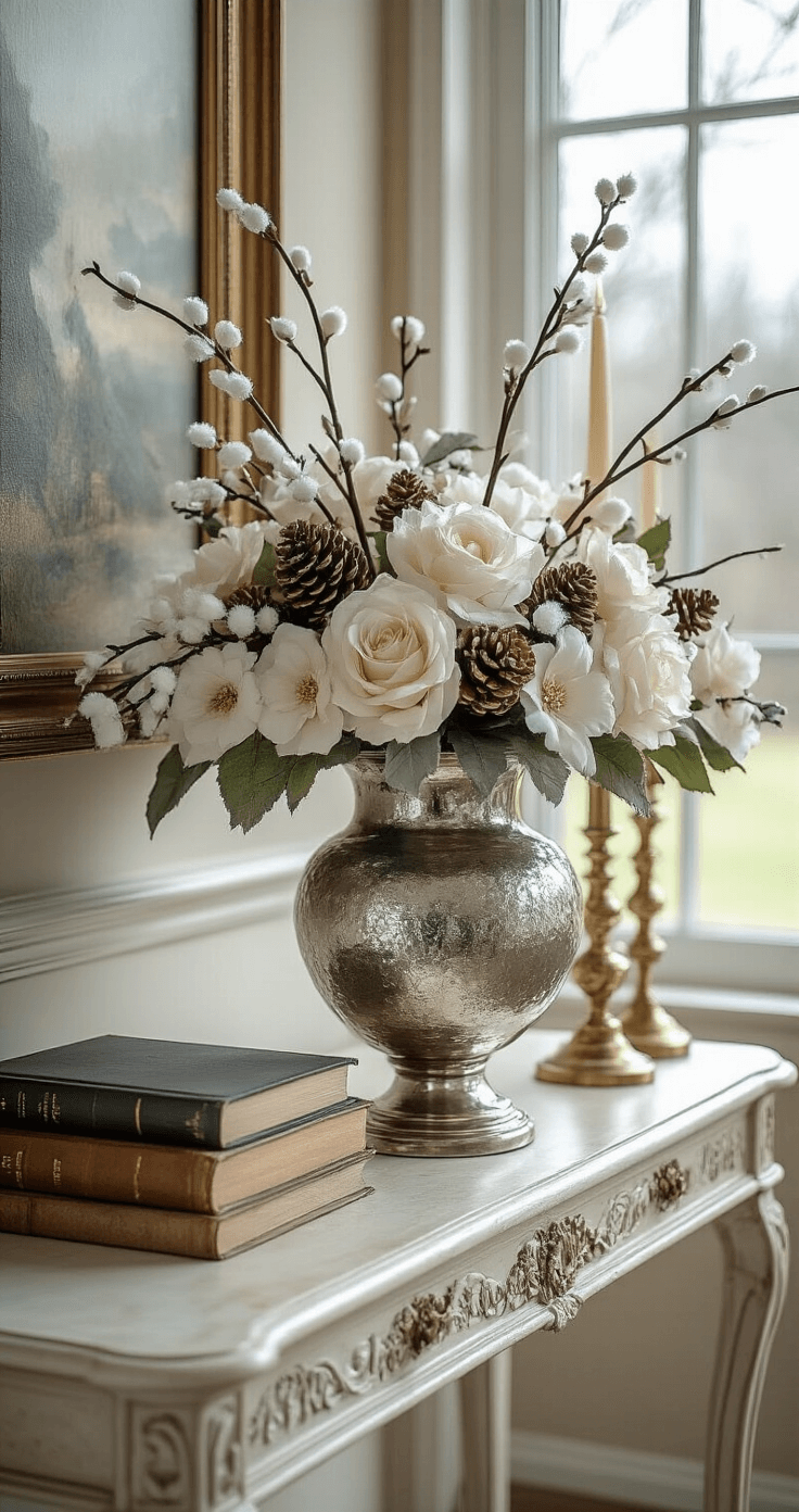 Sophisticated entryway vignette featuring a silk flower arrangement in a vintage mercury glass vessel atop an antique console table, with velvet stems and high-quality artificial blooms for a winter display, complemented by vintage books and brass candlesticks, all under natural daylight highlighting the metallic accents and cream color palette.