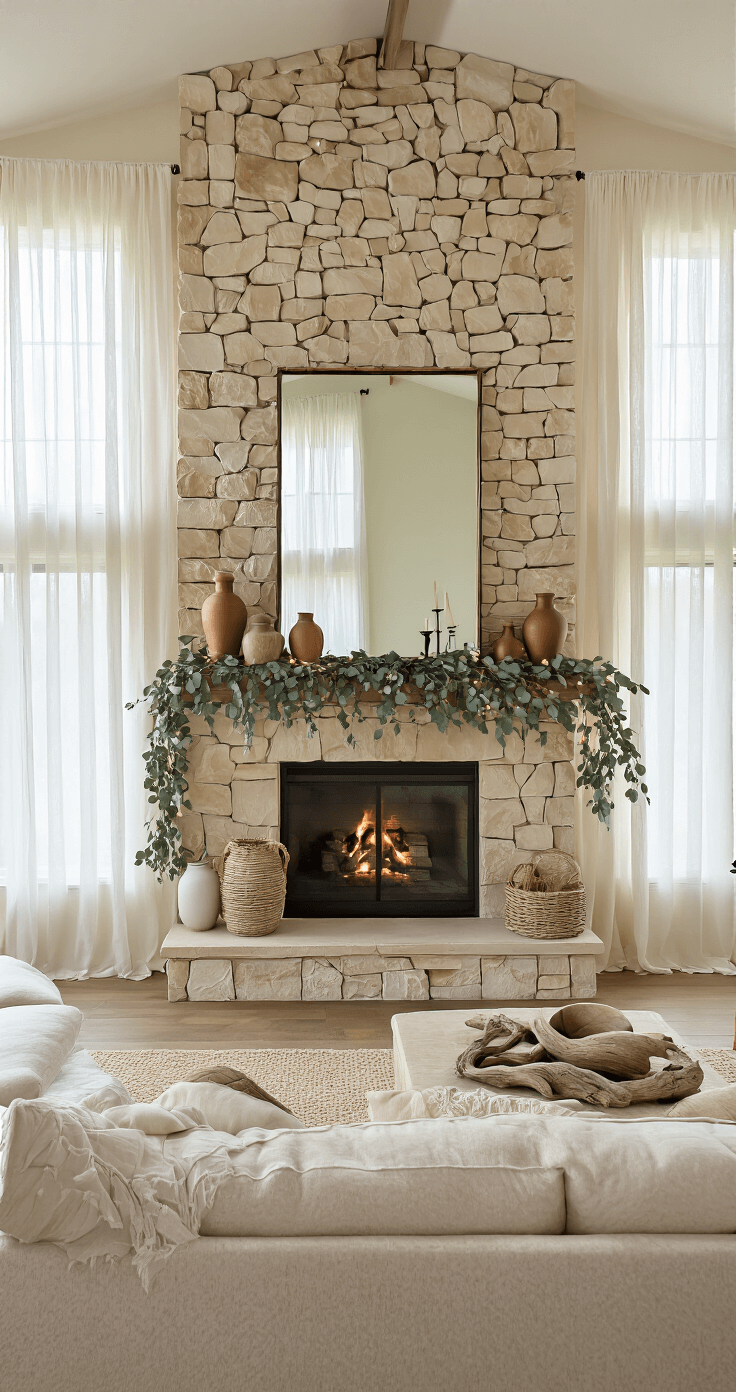 Transform Your Fireplace Into a Fall Focal Point That Actually Feels Cozy (Not Cluttered) Spacious family room featuring an oversized stone fireplace, morning light, and a three-layer styling system with a large mirror, ceramic vessels, and natural elements. The warm color scheme includes whites, golden yellow, and aged copper accents, complemented by mixed textures and string lights woven through eucalyptus garland. A plush sectional sofa enhances the inviting atmosphere.