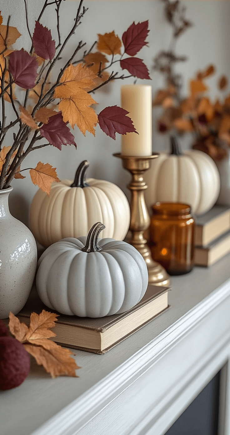 Transform Your Fireplace Into a Fall Focal Point That Actually Feels Cozy (Not Cluttered) A curated fall mantel vignette featuring high-quality faux pumpkins in cream and soft gray, colorful pressed leaves on real branches, and brass candlesticks at varying heights, all against a neutral base palette with deep burgundy accents. Textures include matte ceramic, glossy metal, and dried natural elements, with vintage books providing height variation and amber glass vessels reflecting warm afternoon light. The shallow depth of field creates a magazine-worthy styling with a warm, sophisticated ambiance.